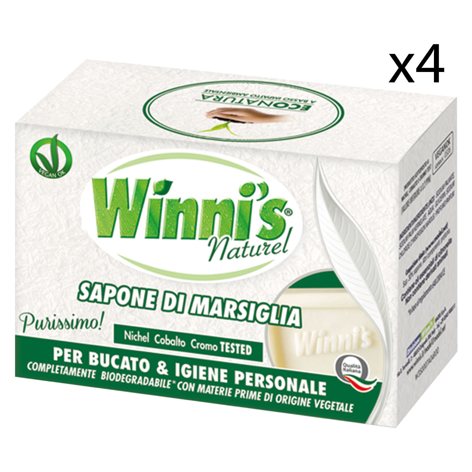 4x Winni's Naturel Sapone di Marsiglia Purissimo Solido per Bucato e Igiene Personale - 4 Saponette da 250g