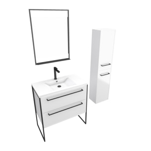 Meuble Salle de Bains 80 cm, Vasque Blanche, Miroir Led et Colonne - Blanc - STRUCTURA