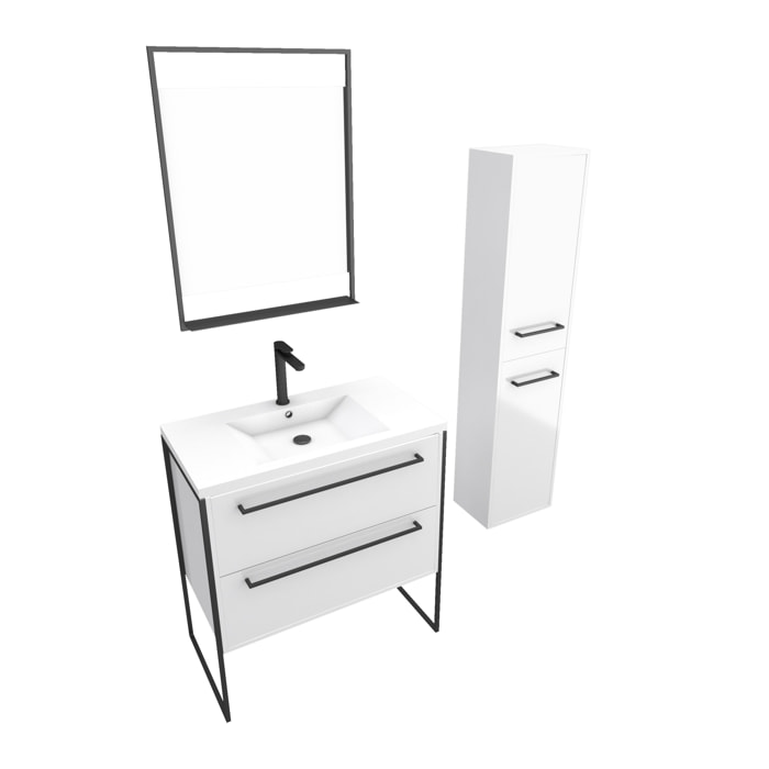 Meuble Salle de Bains 80 cm, Vasque Blanche, Miroir Led et Colonne - Blanc - STRUCTURA