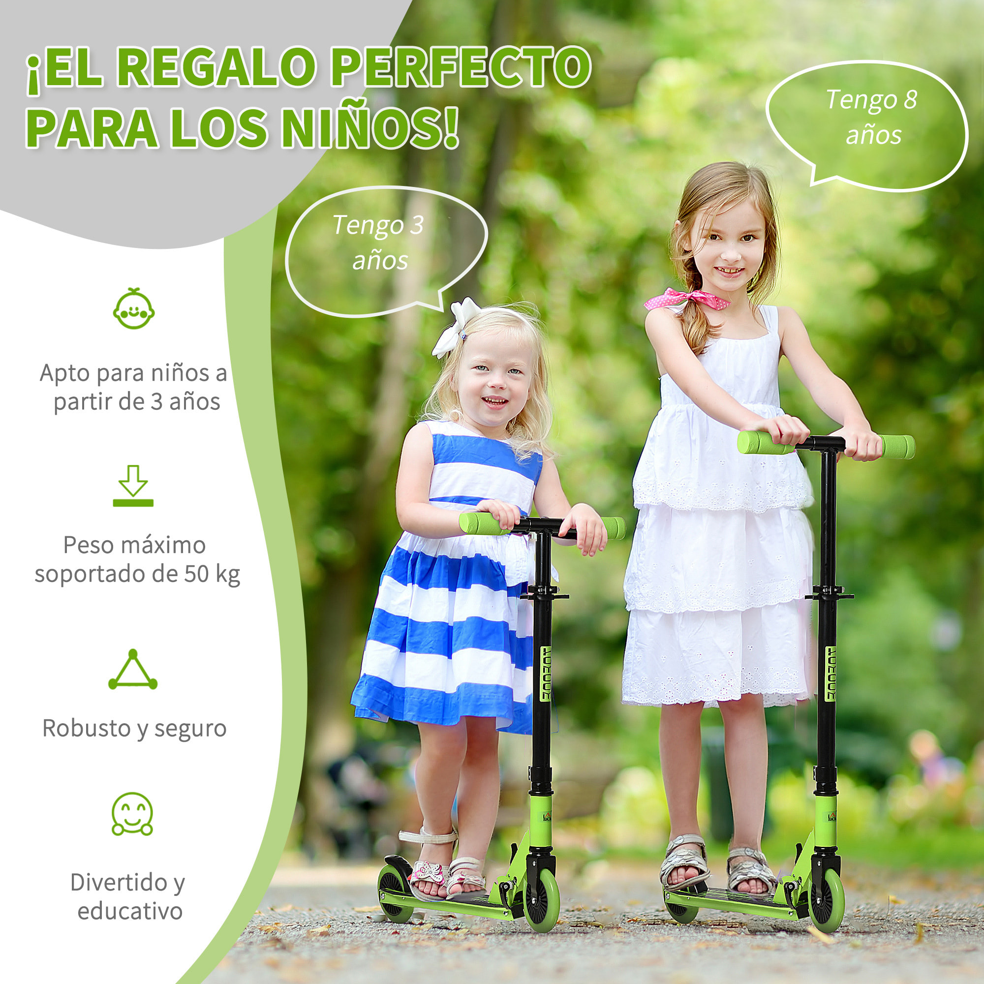 Patinete para Niños +3 Años Plegable con Altura Ajustable de 79,5-89,5 cm Verde