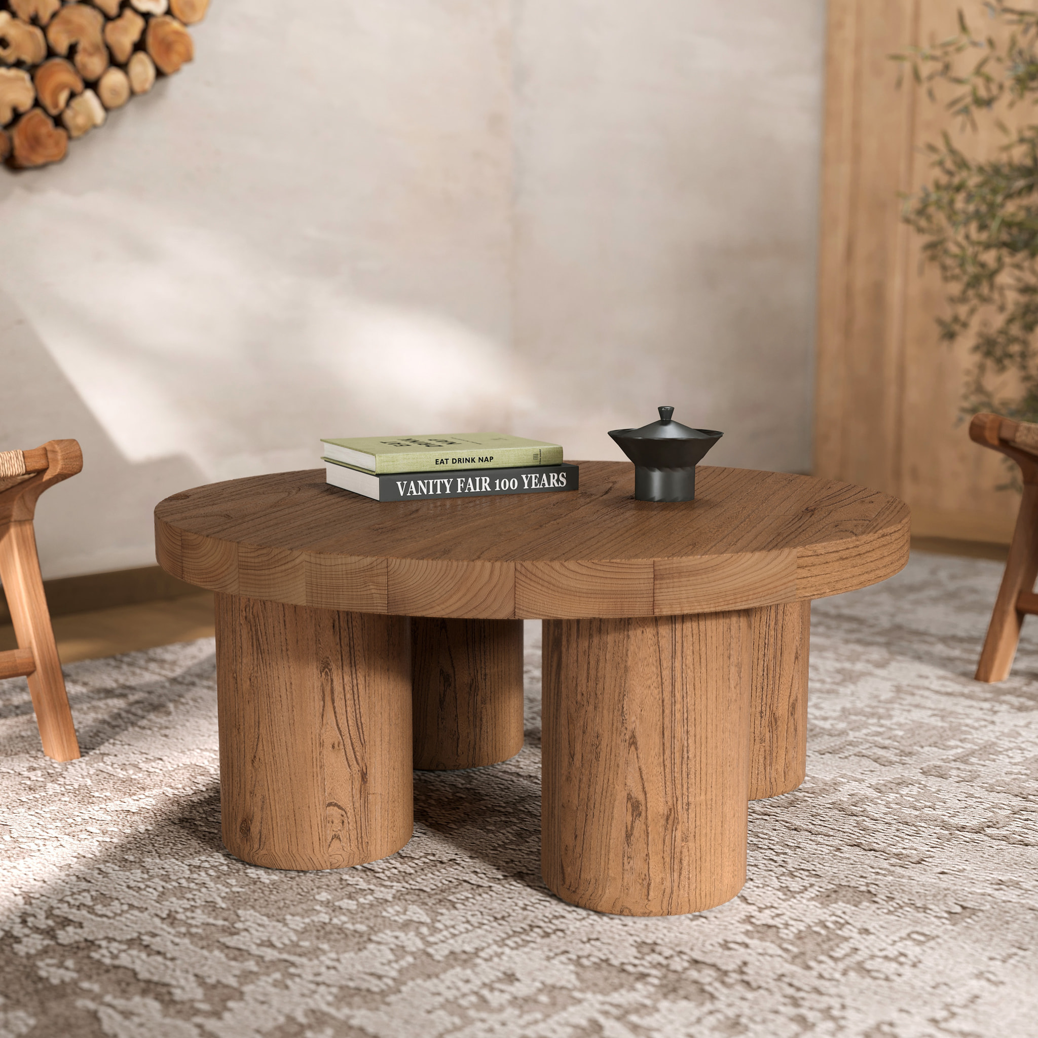 Table basse ronde en bois d'orme D80 cm - Paula