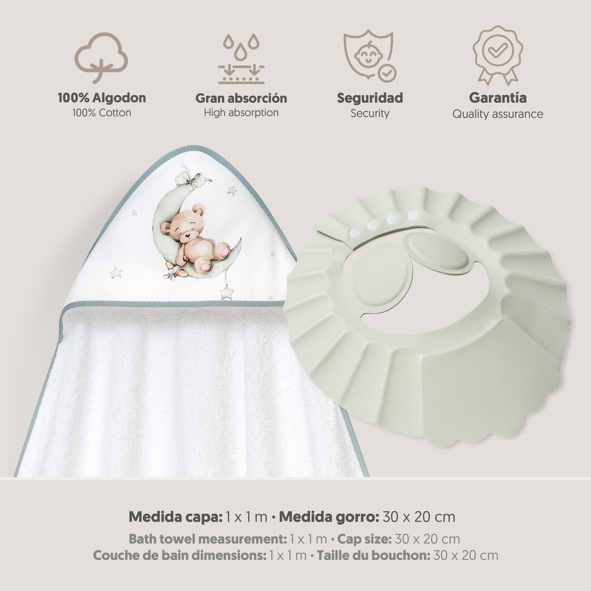 Capa Baño 1X1 Mod Estampado Oso Luna Estrellas+Gorro Bco/Verde