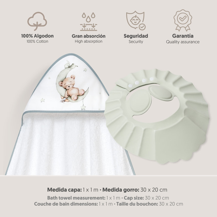 Capa Baño 1X1 Mod Estampado Oso Luna Estrellas+Gorro Bco/Verde