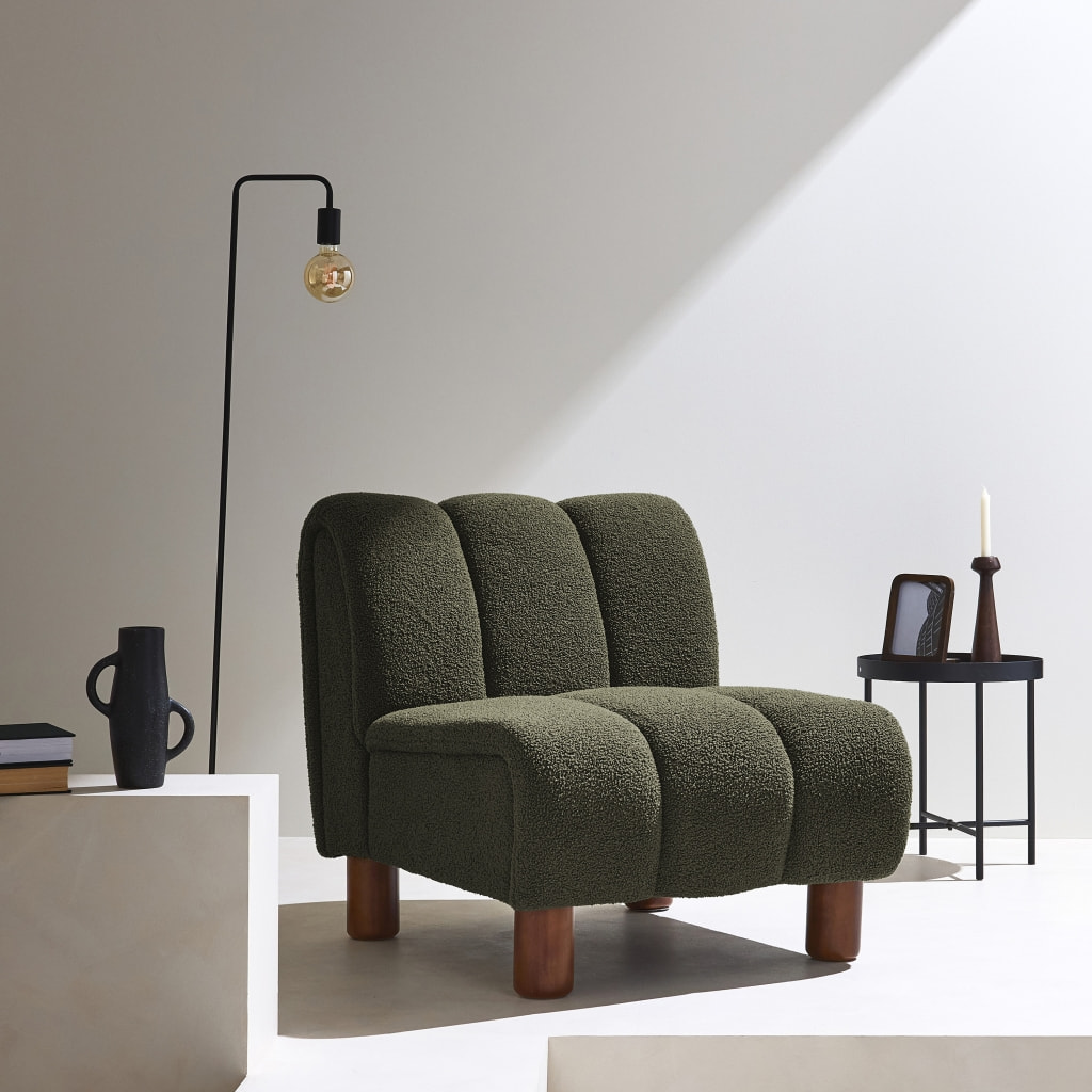 Fauteuil relax pieds arrondis bois d'hévéa et bouclette ANGEL