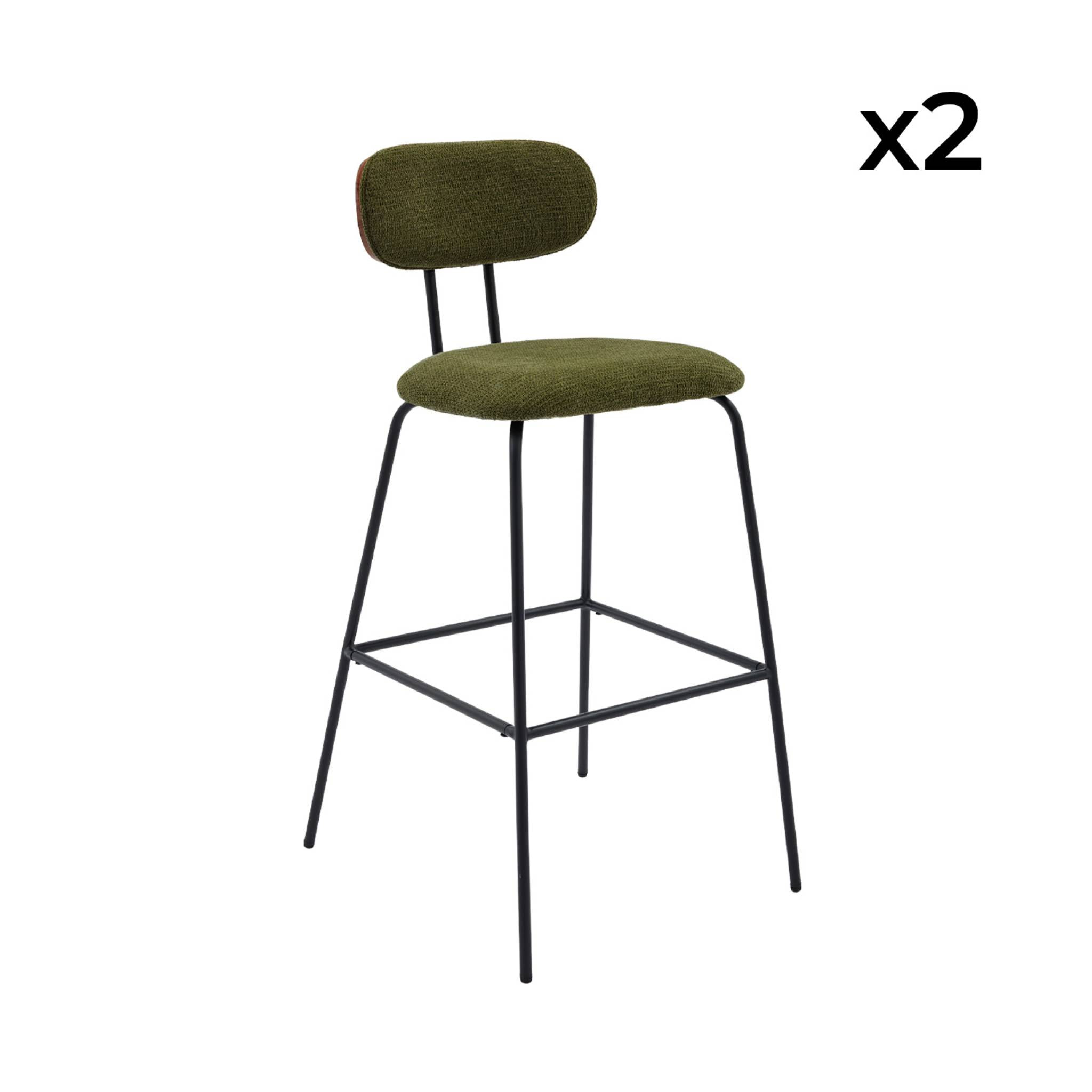 2 tabourets de bar décor bois courbé teinté noyer et tissu déperlant kaki. pieds métal noir mat (lot de 2) - L 44 x P 51 x H 103cm - Erin
