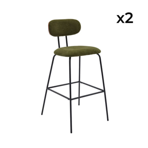 2 tabourets de bar décor bois courbé teinté noyer et tissu déperlant kaki. pieds métal noir mat (lot de 2) - L 44 x P 51 x H 103cm - Erin