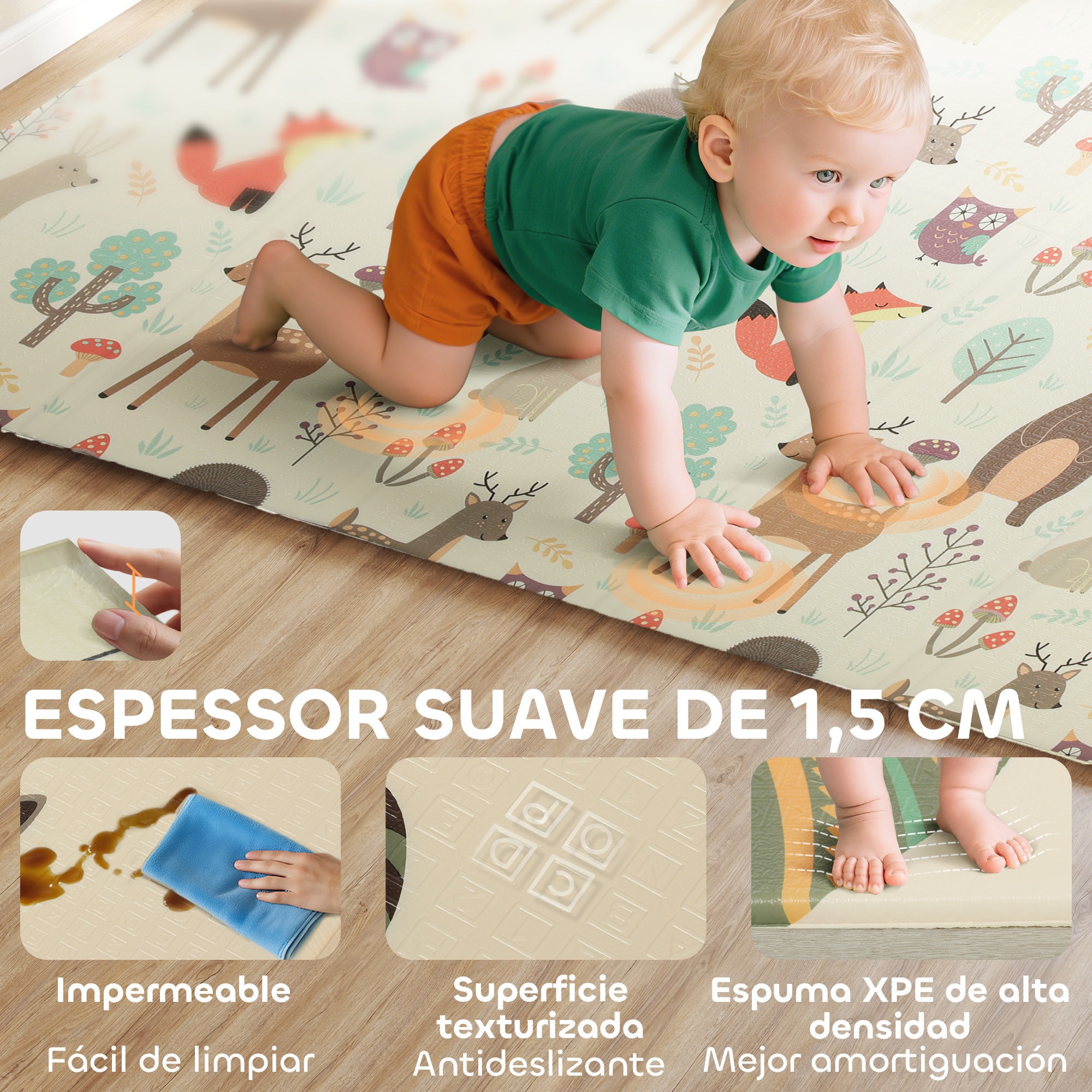 Alfombra Bebé Acolchada Plegable Reversible 196x176x1,5 cm Diseño de Bosque y Animales Tapete de Actividades Bebé XPE Doble Cara Impermeable Multicolor