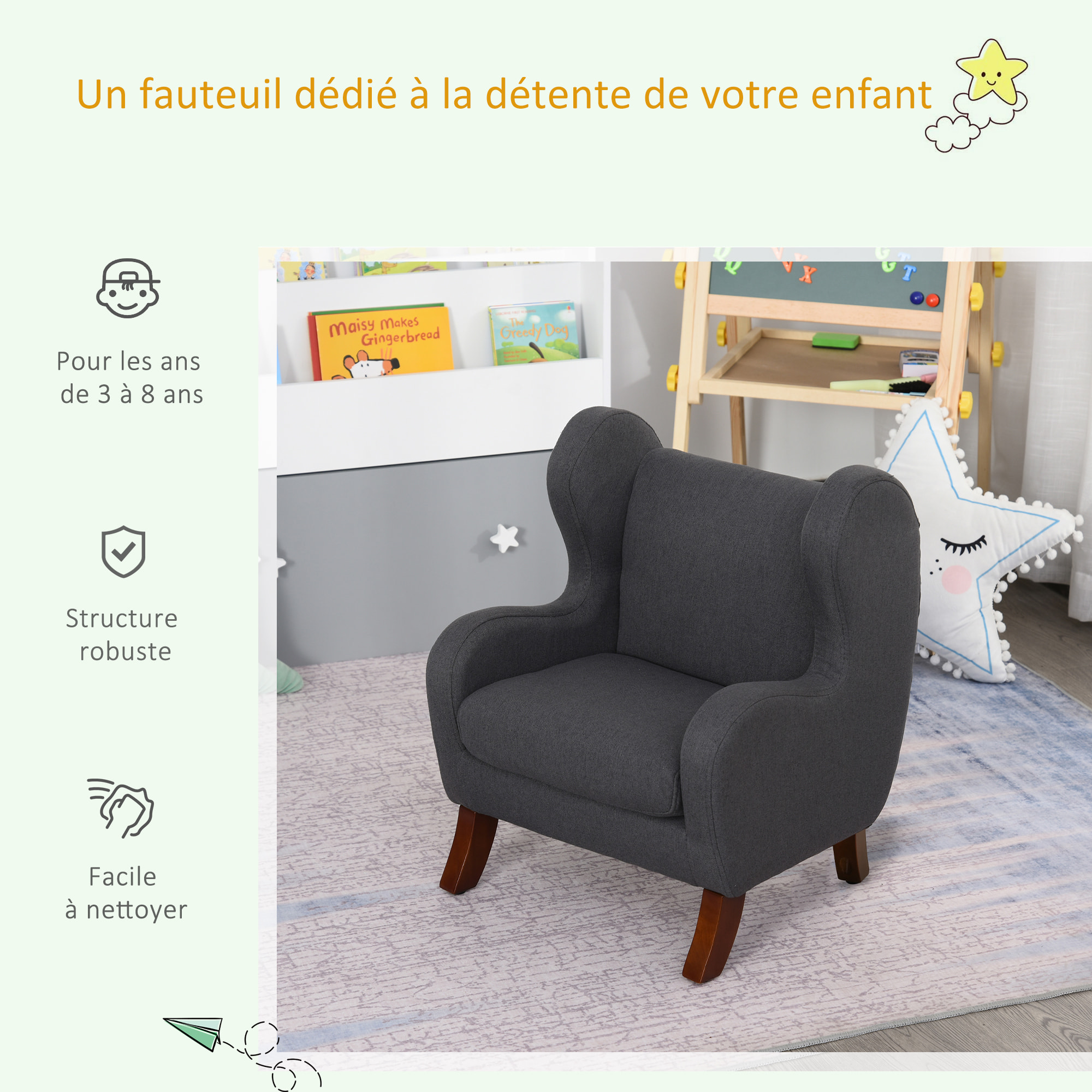 Fauteuil enfant oreilles grand confort accoudoirs assise dossier garnissage mousse haute densité piètement bois hévéa verni lin gris