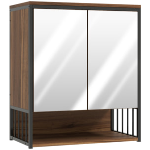 Armoire miroir murale salle de bain 2 portes design - étagère, niche - métal noir effet bois noyer