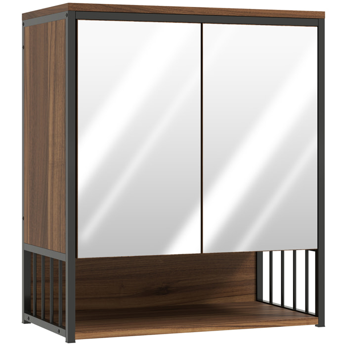 Armoire miroir murale salle de bain 2 portes design - étagère, niche - métal noir effet bois noyer