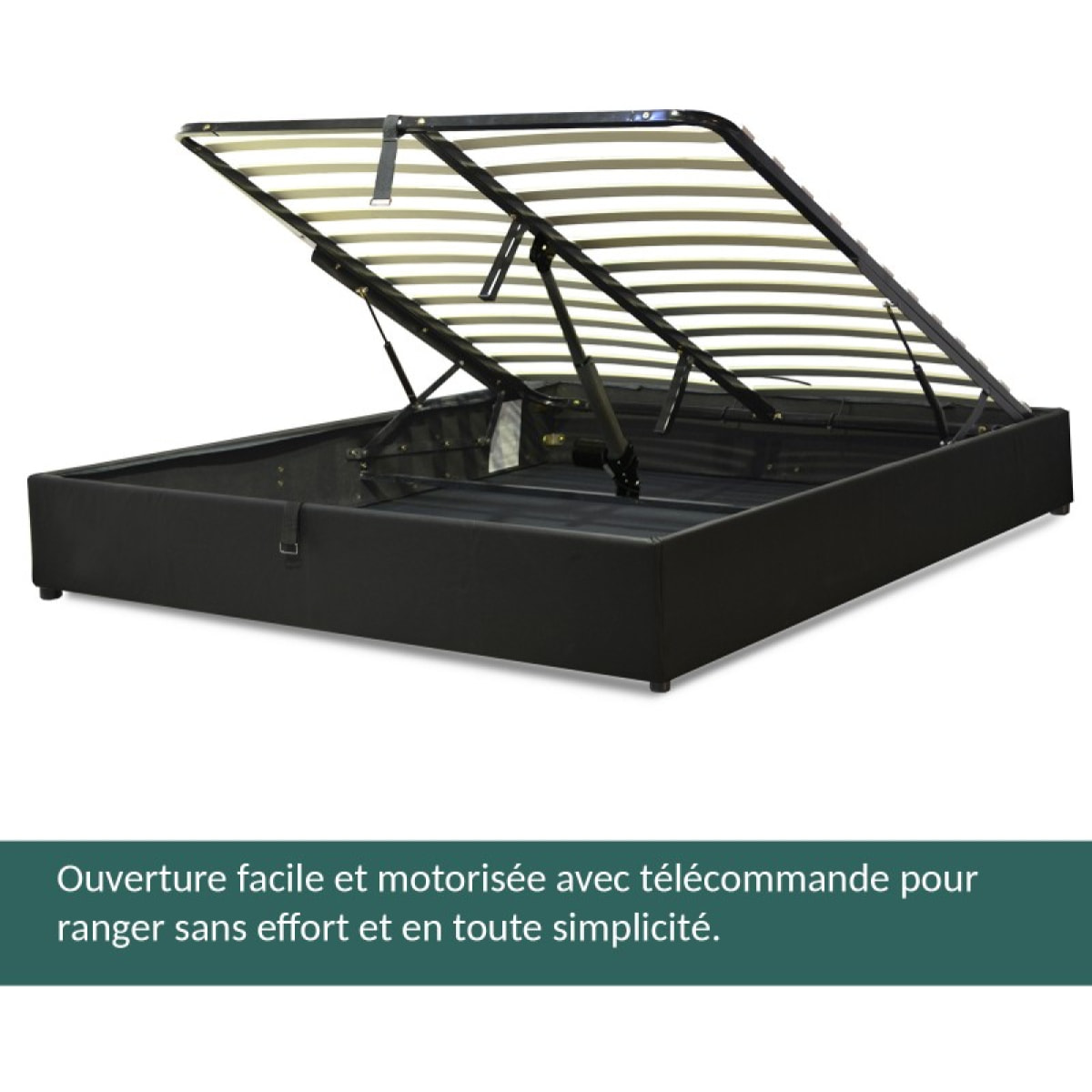 Lit coffre sommier relevable inventif noir | Ouverture à assistance électrique | Modele Futura Simili Cuir | Grande capacite de stockage