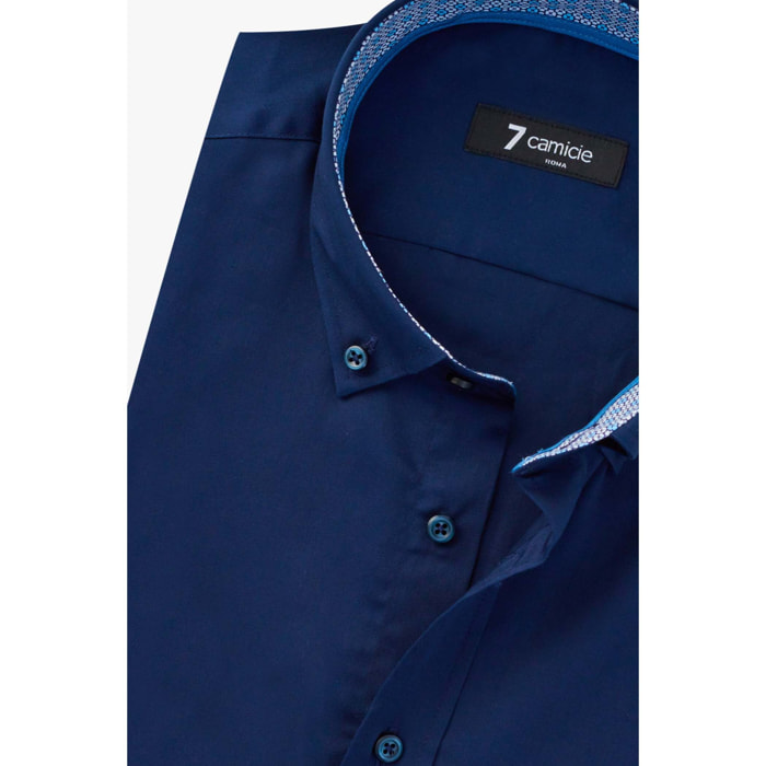 camicia uomo 1 bottone button down slim Satin Unito Blu