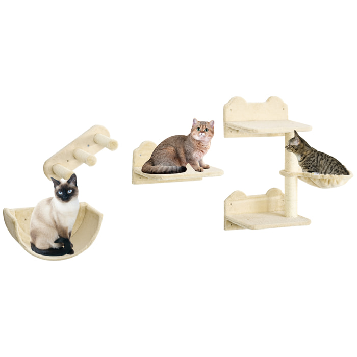 Estante de Escalada para Gatos de Pared Juego de Estantes para Gatos 4 Piezas con Hamaca Nido Rascador Plataformas para Saltar y Poste de Sisal Beige