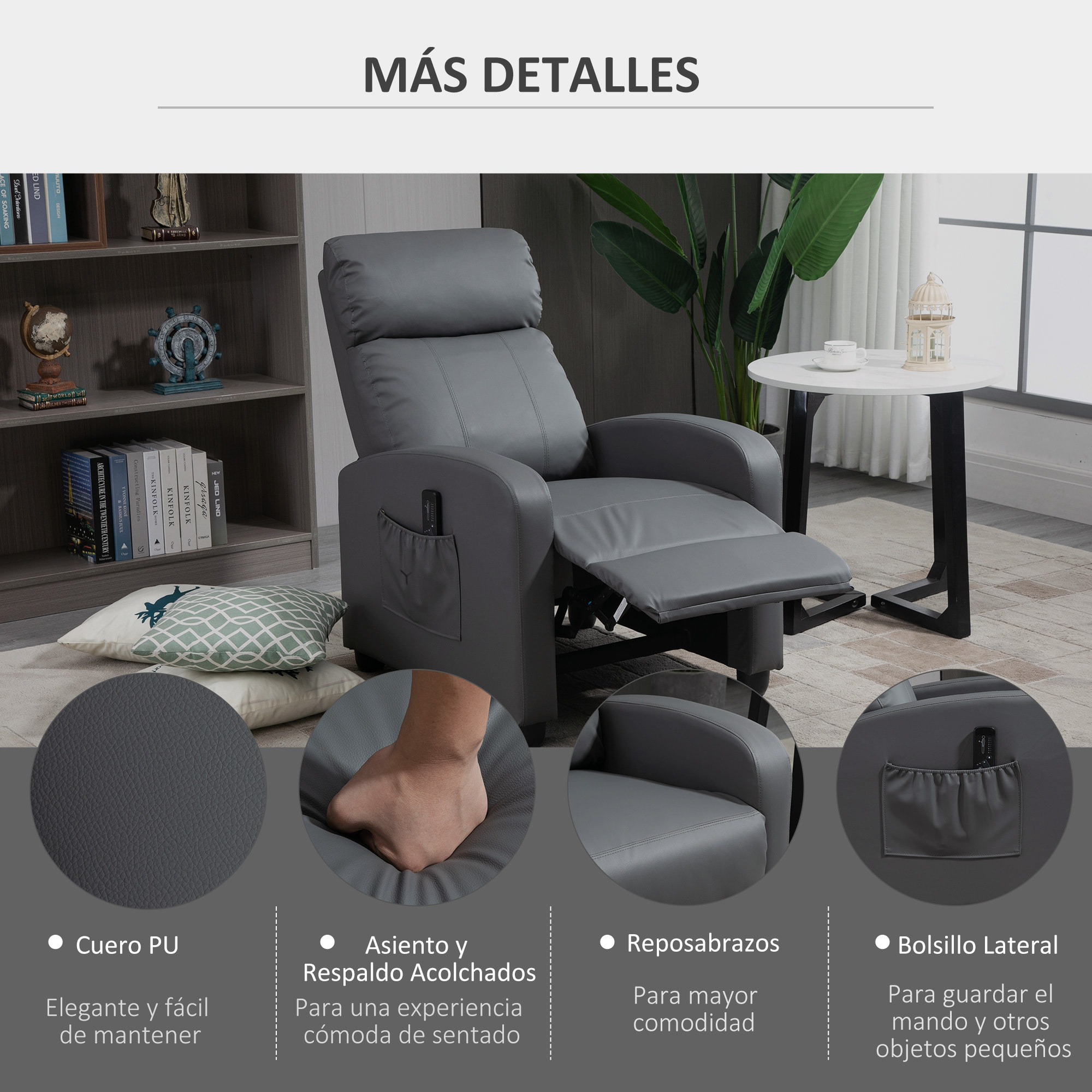 HOMCOM Sillón de Masaje Relax Reclinable con Mando a Distancia 2 Zonas de Masaje 8 Programas 5 Niveles de Intensidad y Temporizador Tapizado en PU 68x88x98 cm Gris