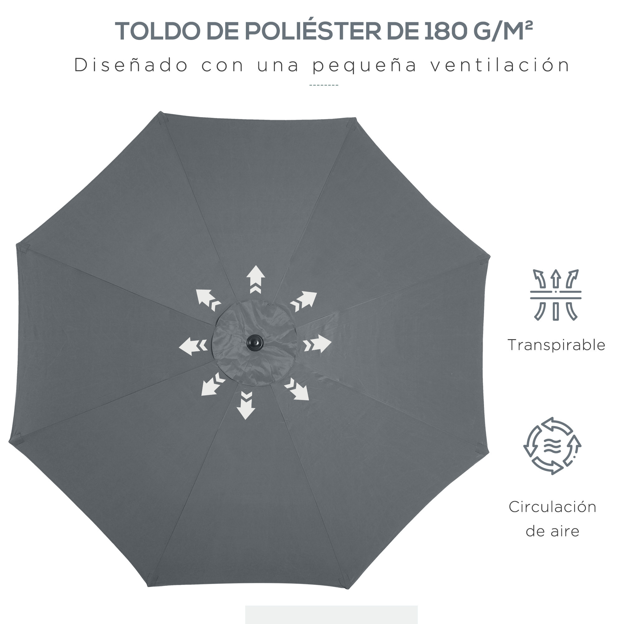 Sombrilla de Jardín Ø300x240 cm Parasol de Terraza con Manivela Techo Inclinable y 8 Varillas de Metal para Patio Balcón Exterior Gris