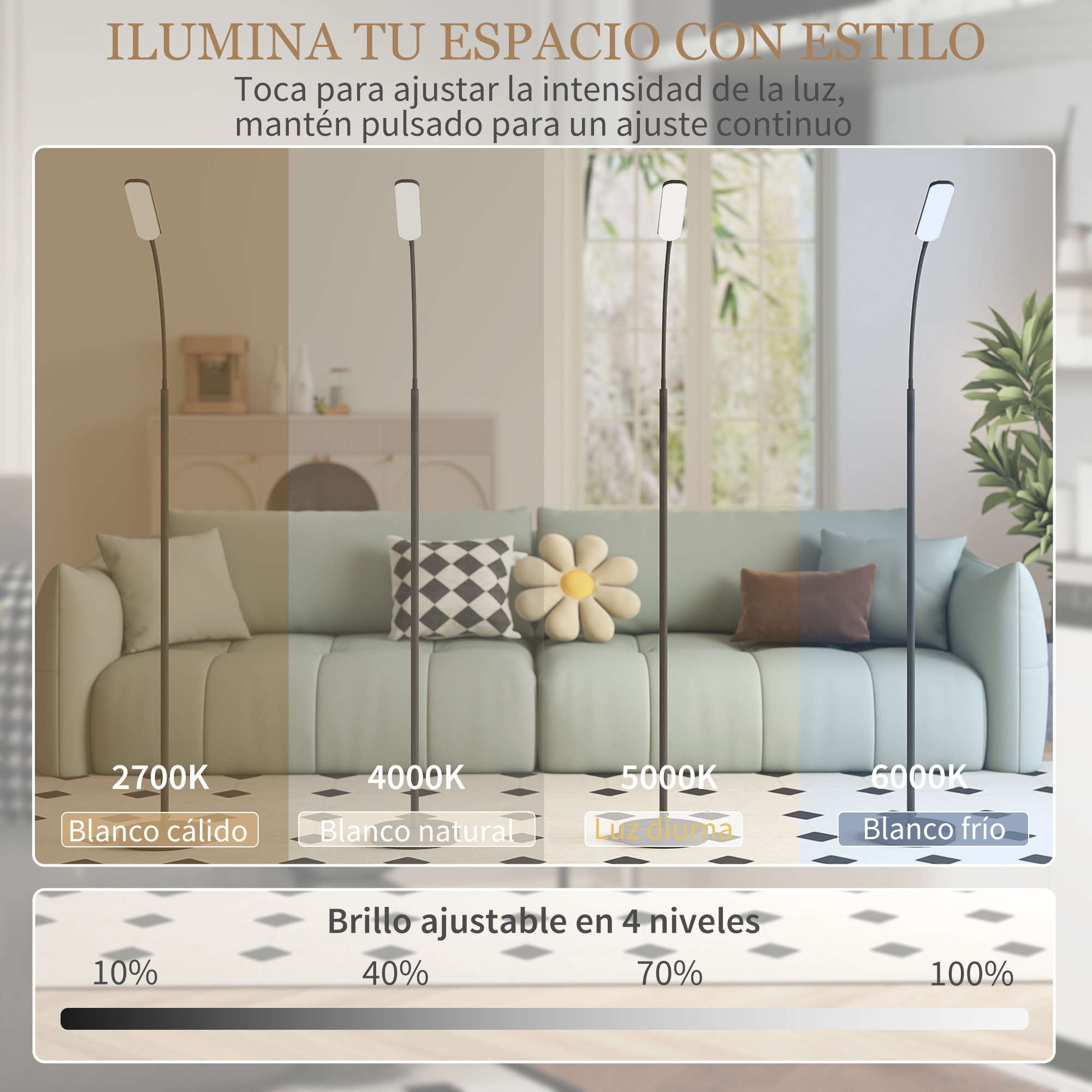 Lámpara de Pie LED Regulable Lámpara de Pie para Salón con Temperaturas de Color Ajuste Continuo Control Remoto y Táctil Temporizador de 60 Minutos Función Memoria Cuello Giratorio Negro