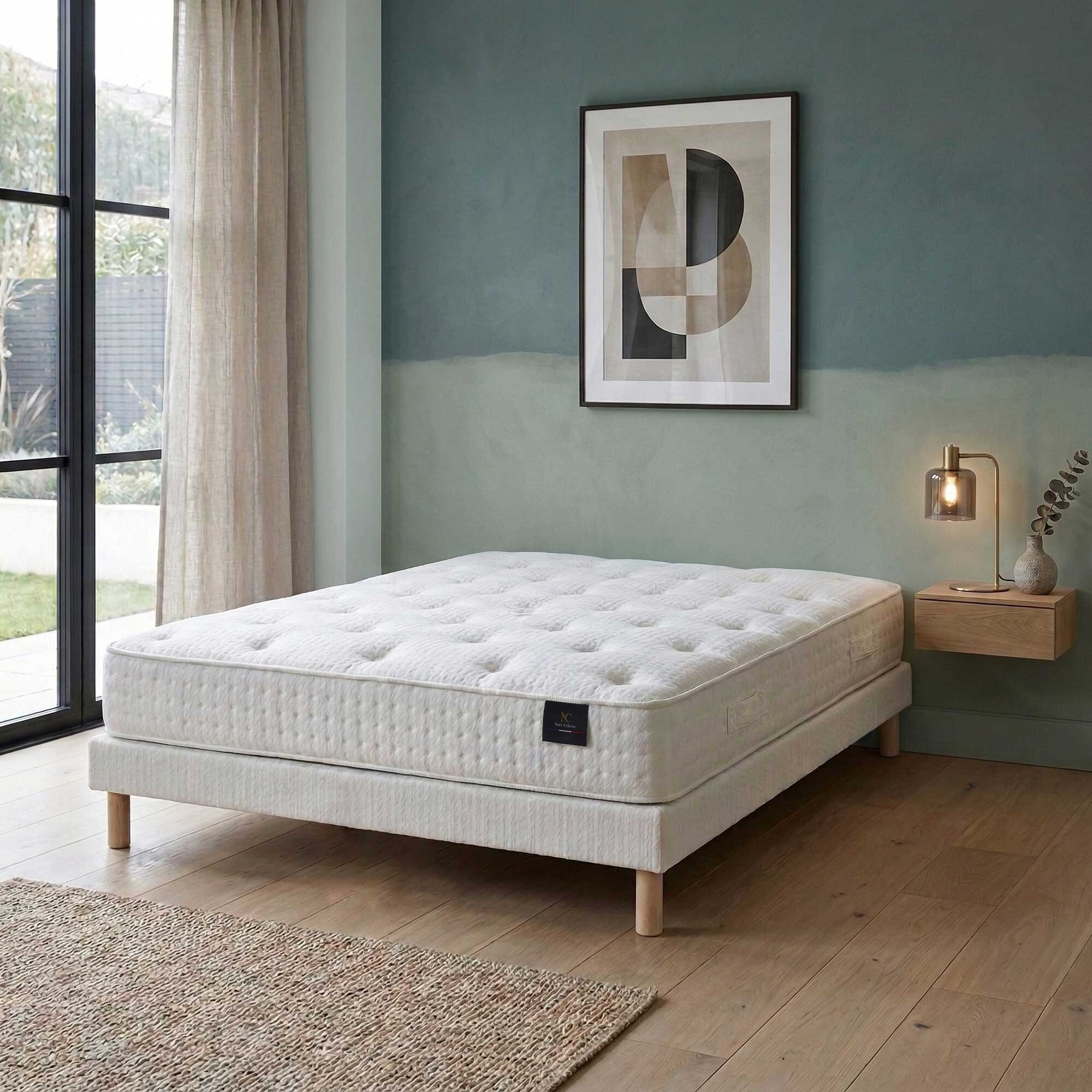 Ensemble matelas ressorts ensachés SÉLÉNÉ 2, accueil latex, H26 cm, sommier blanc pieds de poules