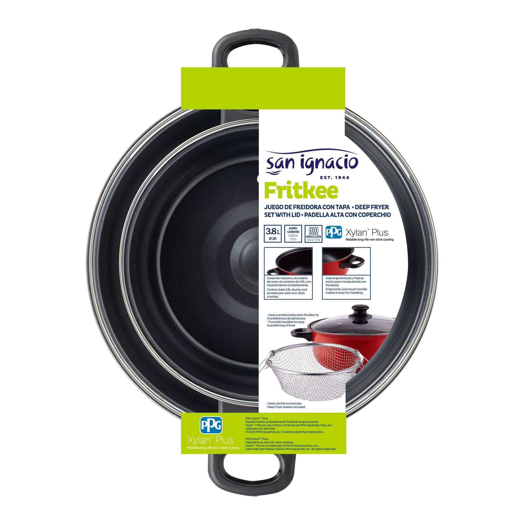 Cacerola de ø26x10cm - 3,8l con tapa de vidrio + cesta freidora en acero inoxidable color surtido (rojo o gris) san ignacio
