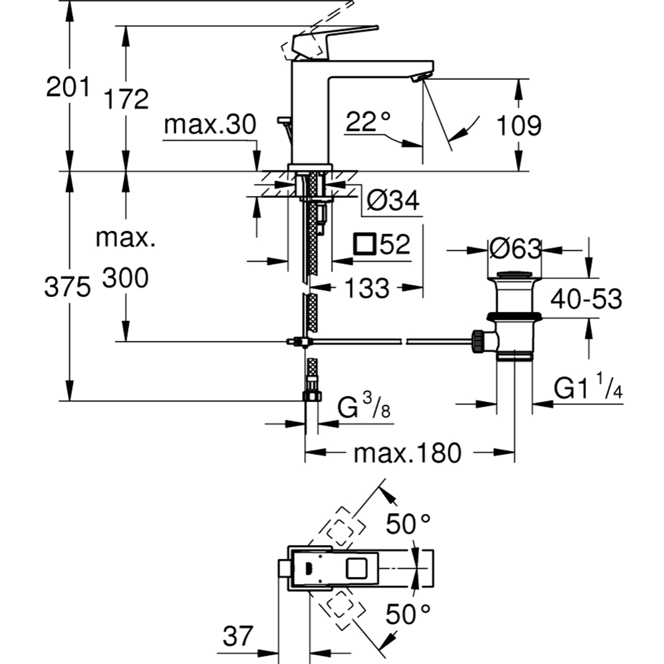 Mitigeur monocommande Lavabo Eurocube, Taille M avec vidage