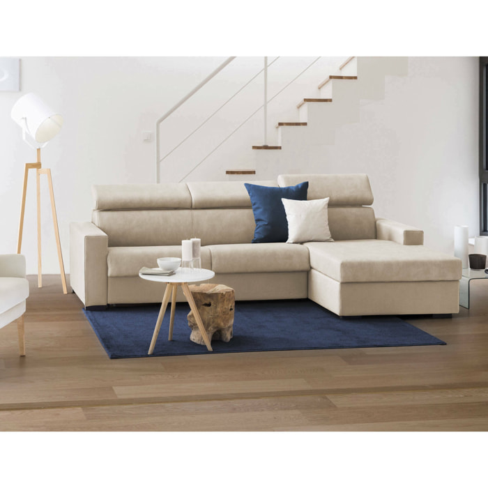 Divano fisso Mikaela, Divano ad angolo, 100% Made in Italy, Sofà Soggiorno con chaise longue, in tessuto imbottito - Penisola contenitore Destra, con Braccioli slim, Cm 260x95h85, Beige