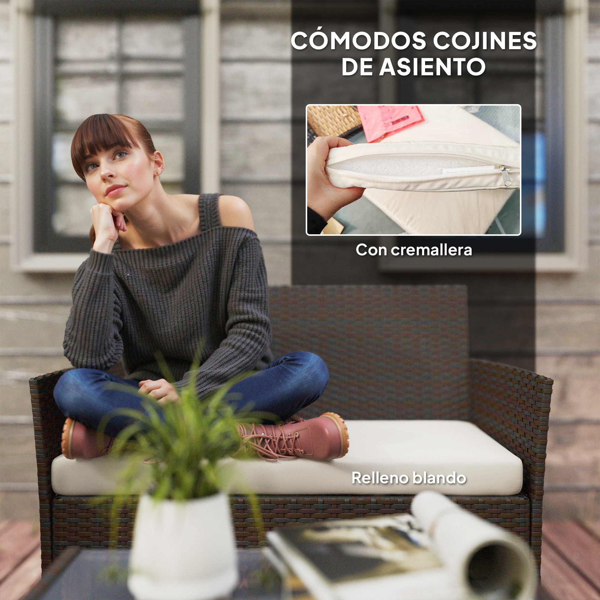 Conjunto Jardín Exterior de Ratán con Cojines Conjunto Terraza Resistente a la Intemperie Muebles Jardín Exterior con 2 Sillones Sofá de 2 Plazas Mesa con Cristal Marrón