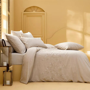 Taie d'oreiller pur coton lavé tissé teint brodé beige Monnaie du pape naturel