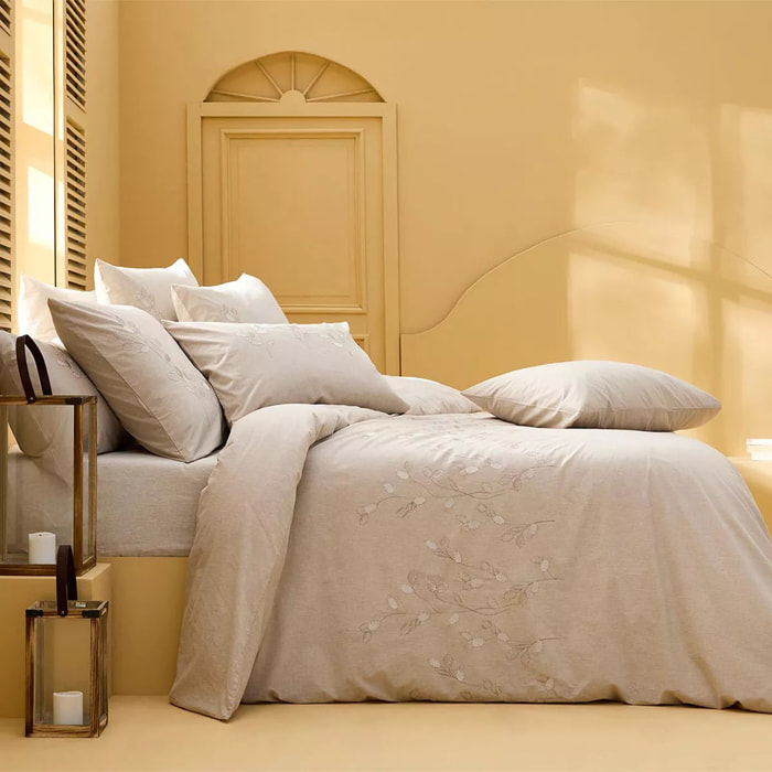 Taie d'oreiller pur coton lavé tissé teint brodé beige Monnaie du pape naturel