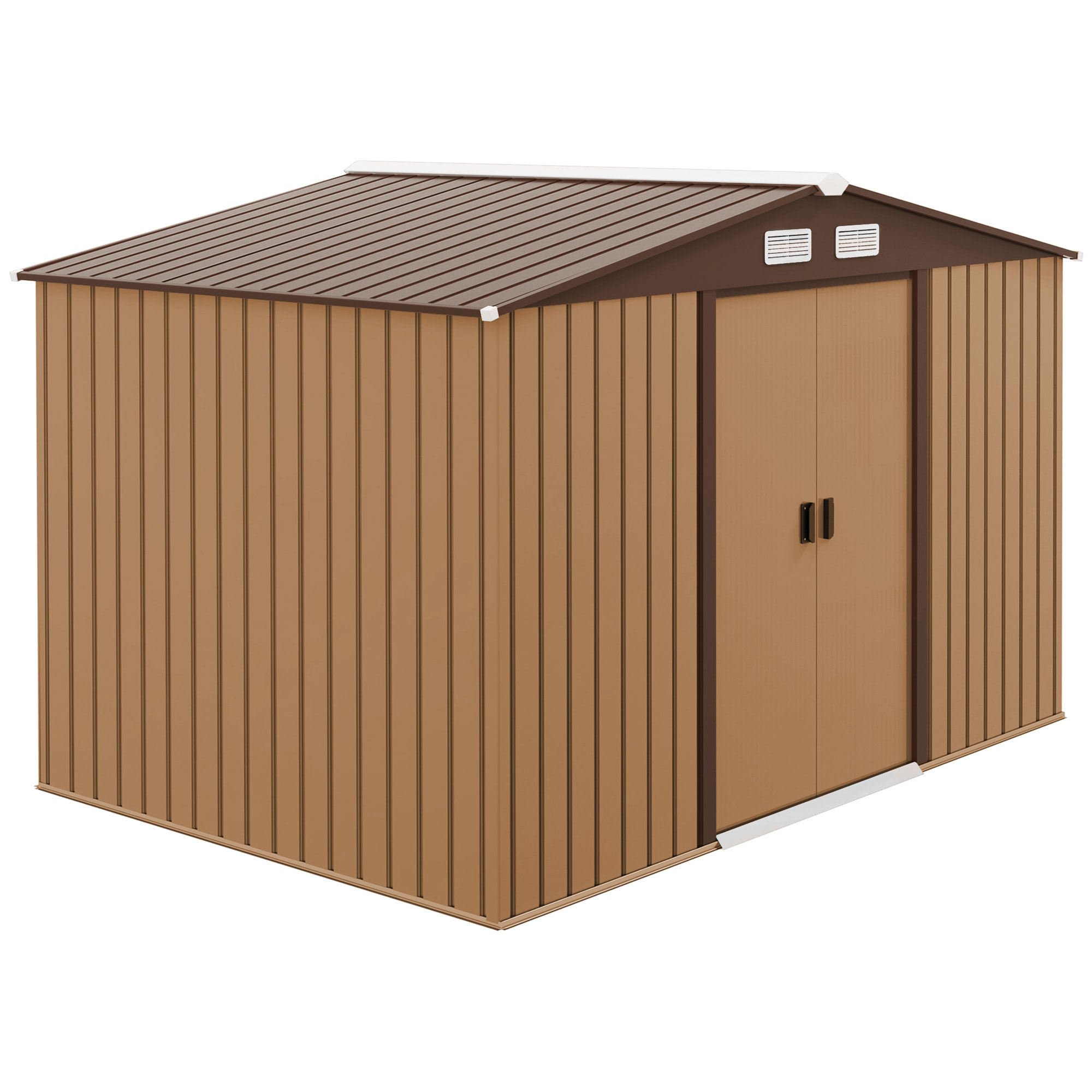 Abri de jardin - remise pour outils - cabanon double porte coulissante - fondation incluse - dim. 277L x 191l x 192H cm - tôle d'acier ondulée terracotta