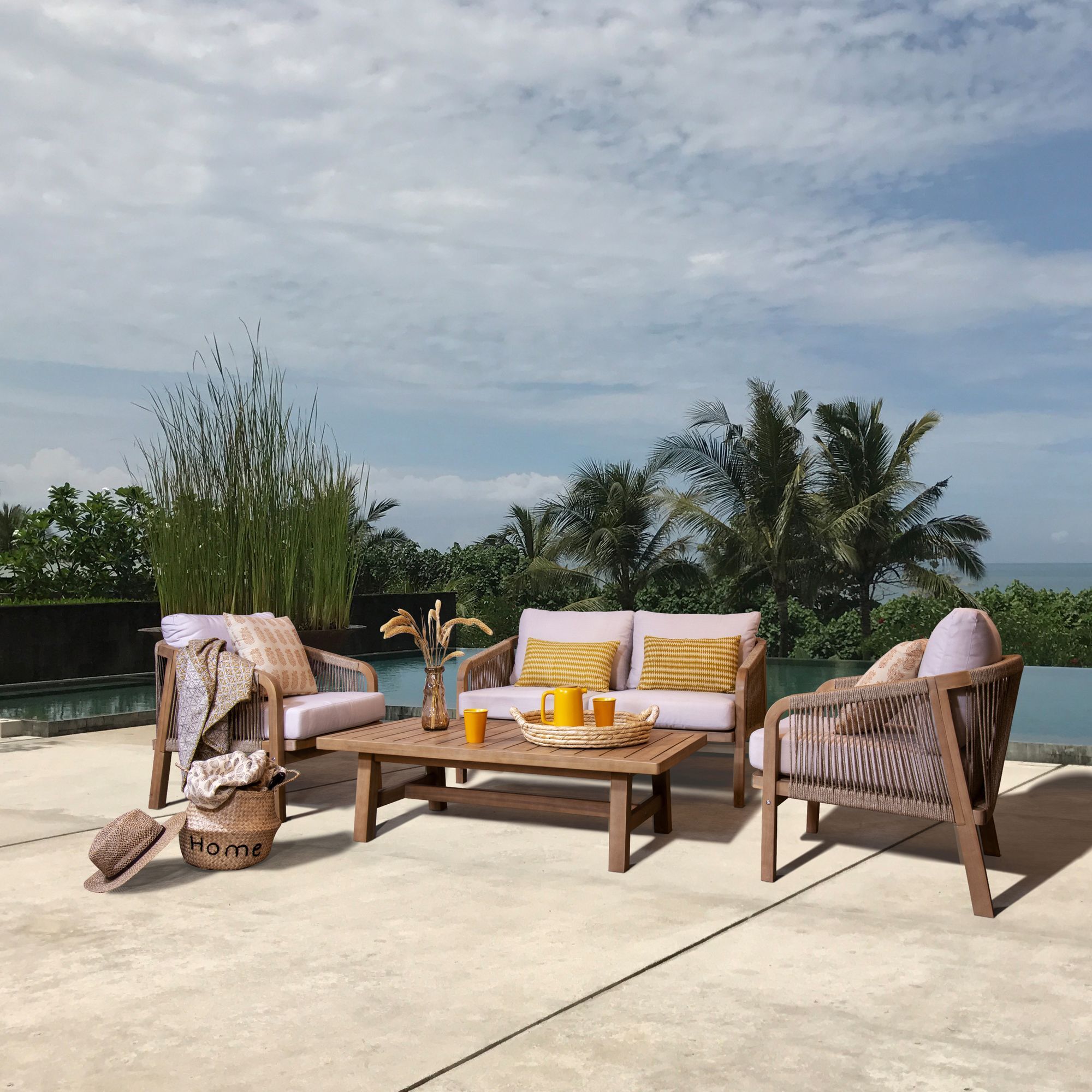 Salon de jardin en bois d'acacia et coussins beige 4 places SAONA
