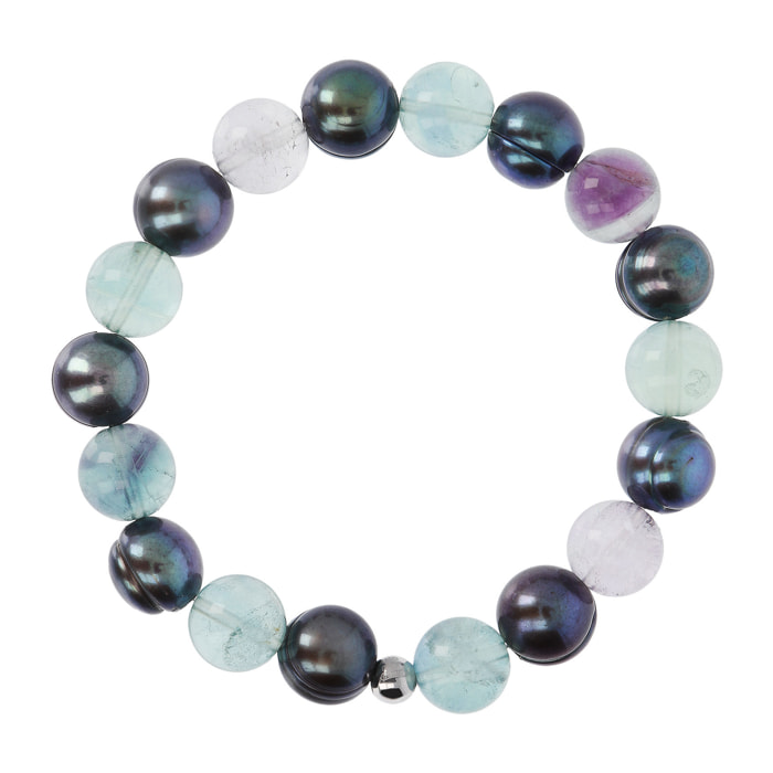 Bracciale Elastico con Fluorite e Perle d'Acqua Dolce Grigie Ø 9.5/10.5 mm