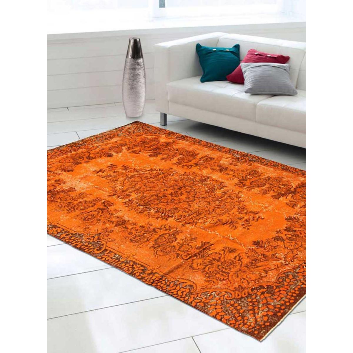 Authentique tapis Noué main en Turquie motif médaillon couleur flashy orange
