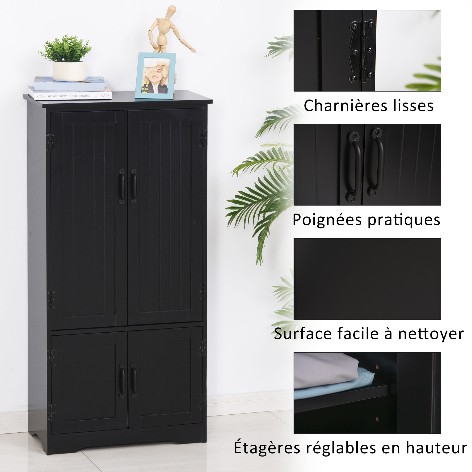 Armoire de cuisine contemporaine multi-rangements 2 placards 3 étagères MDF panneaux particules noir