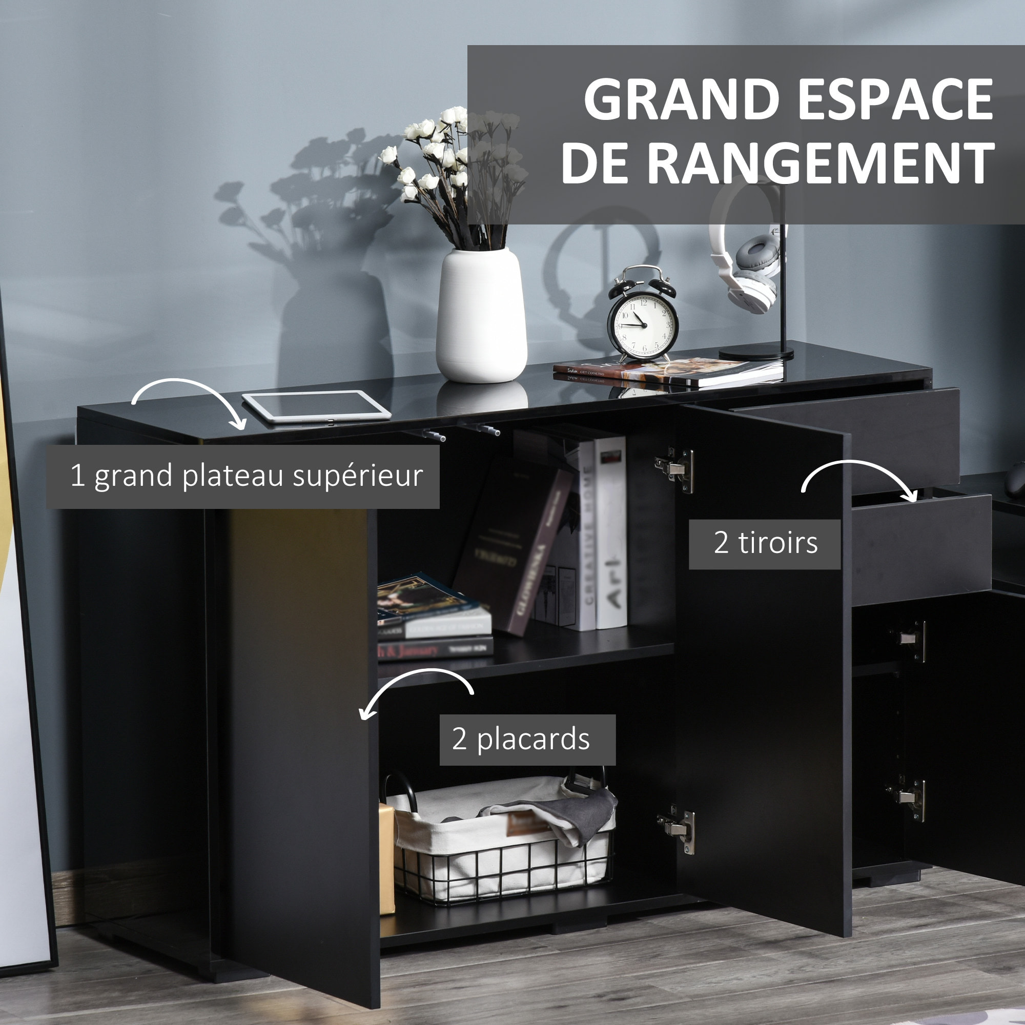 Commode buffet de rangement 2 tiroirs coulissants 3 portes étagère réglable panneaux de particules 117 x 36 x 74 cm noir