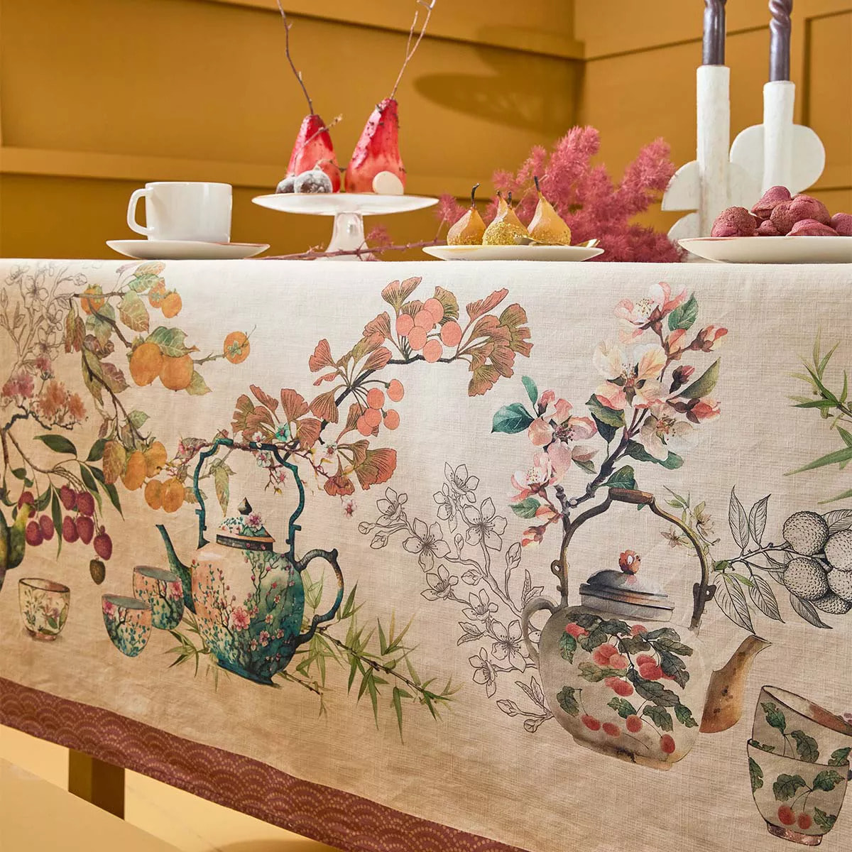 Nappe lin & coton lavé 190 g/m² imprimé vert orange Theieres rouille