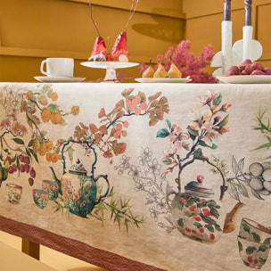 Nappe lin & coton lavé 190 g/m² imprimé vert orange Theieres rouille