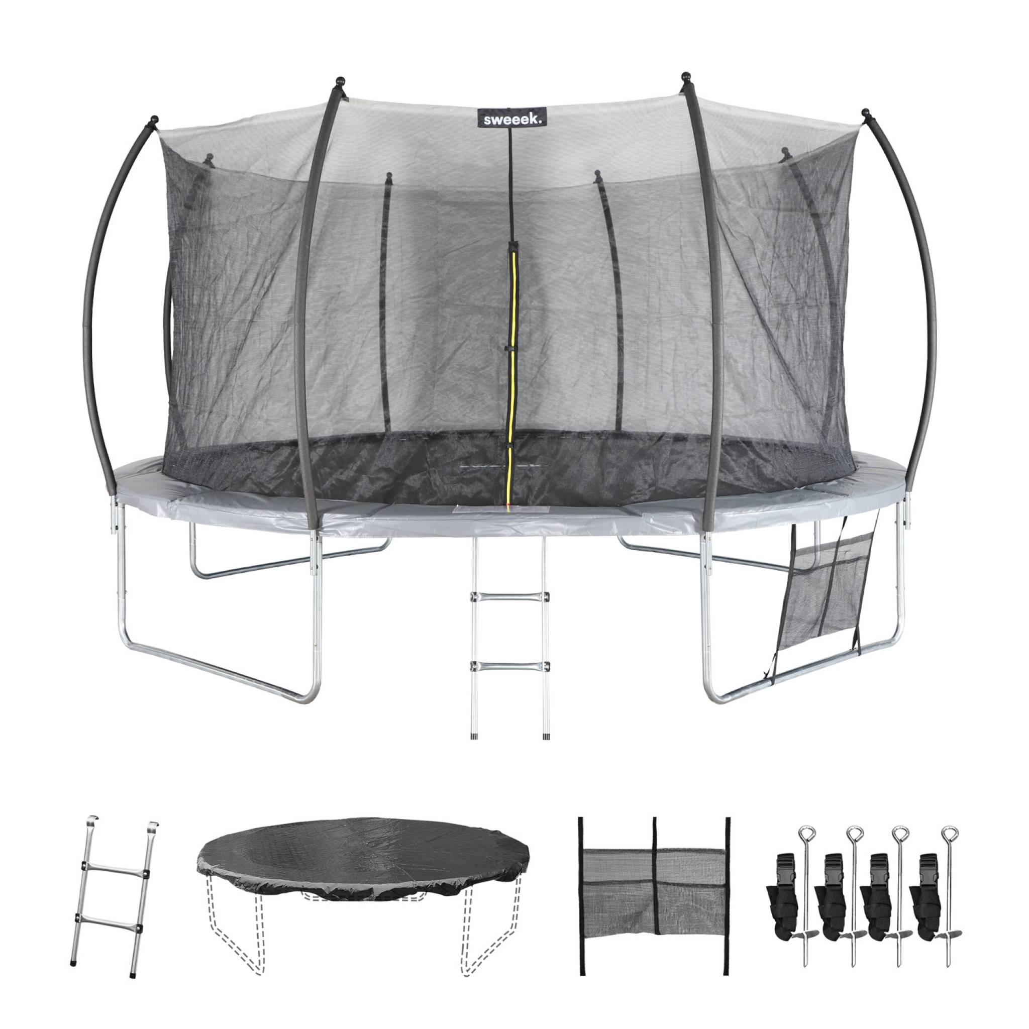 Trampoline rond Ø 430cm gris avec filet de protection intérieur - Venus Inner XXL –  échelle. bâche. filet pour chaussures et kit d'ancrage 4.30m 430 cm