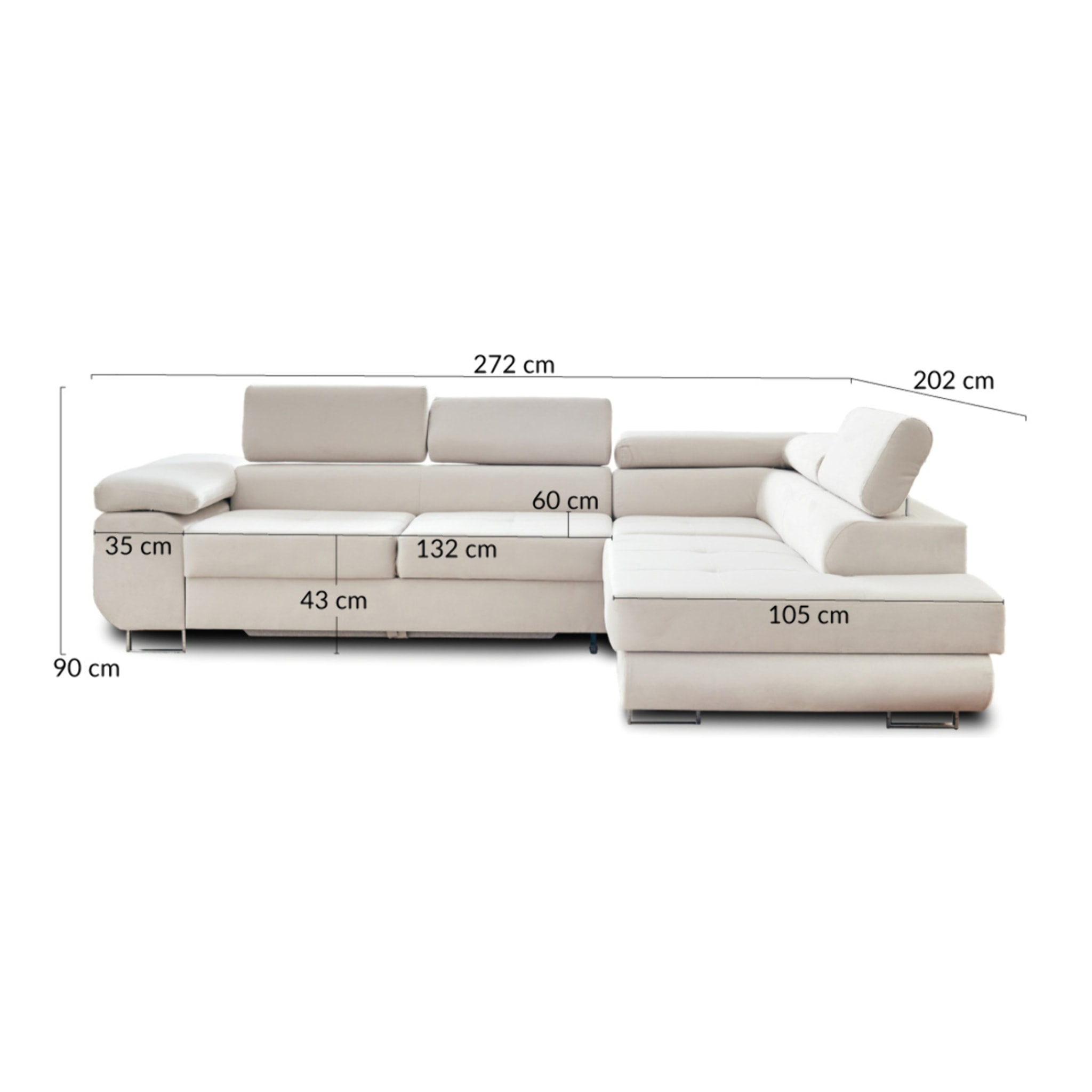 Pablo - canapé d'angle droit - 5 places - convertible avec coffre et têtières réglables - en velours - Jaune