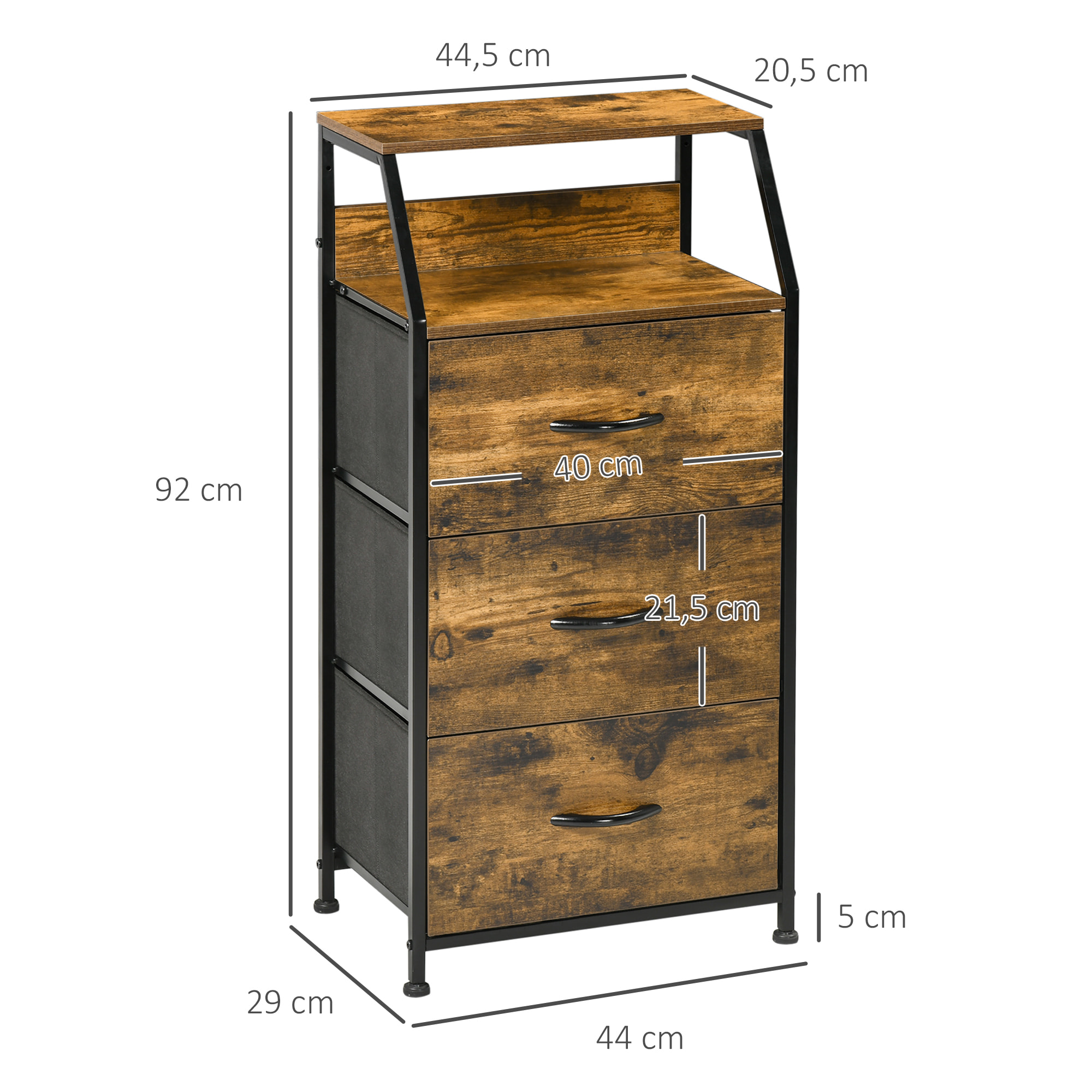 Meuble de rangement colonne design industriel - 3 tiroirs, niche, étagère - châssis acier noir MDF aspect bois avec veinage