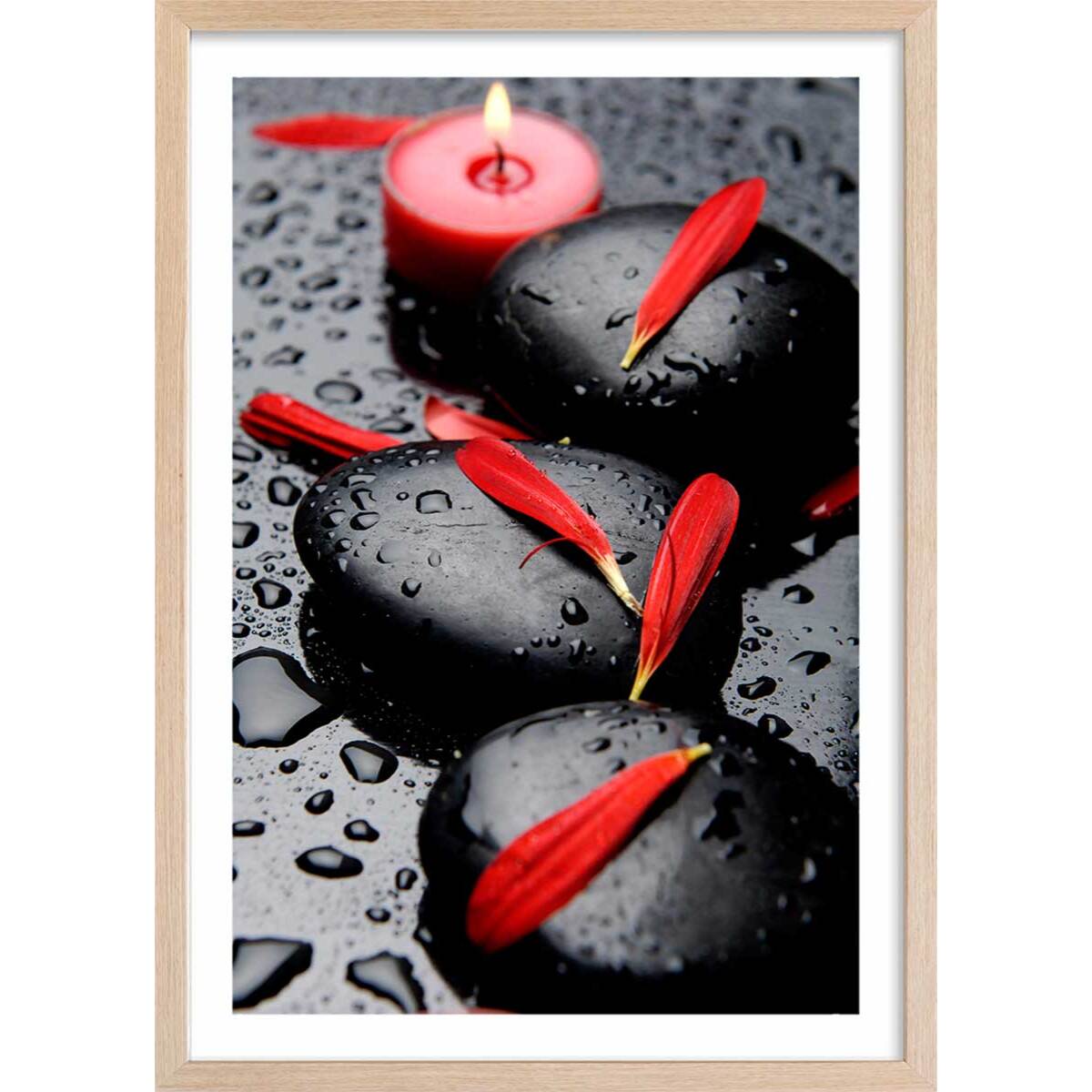 Poster zen petales rouges Affiche + cadre en bois - Chêne
