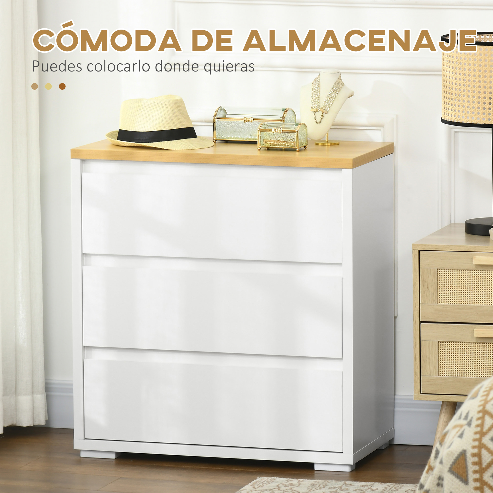 Cómoda 3 Cajones, Cómoda Dormitorio sin Tiradores, Cajonera para Salón, Oficina, Estilo Moderno, 70x37x75 cm, Blanco