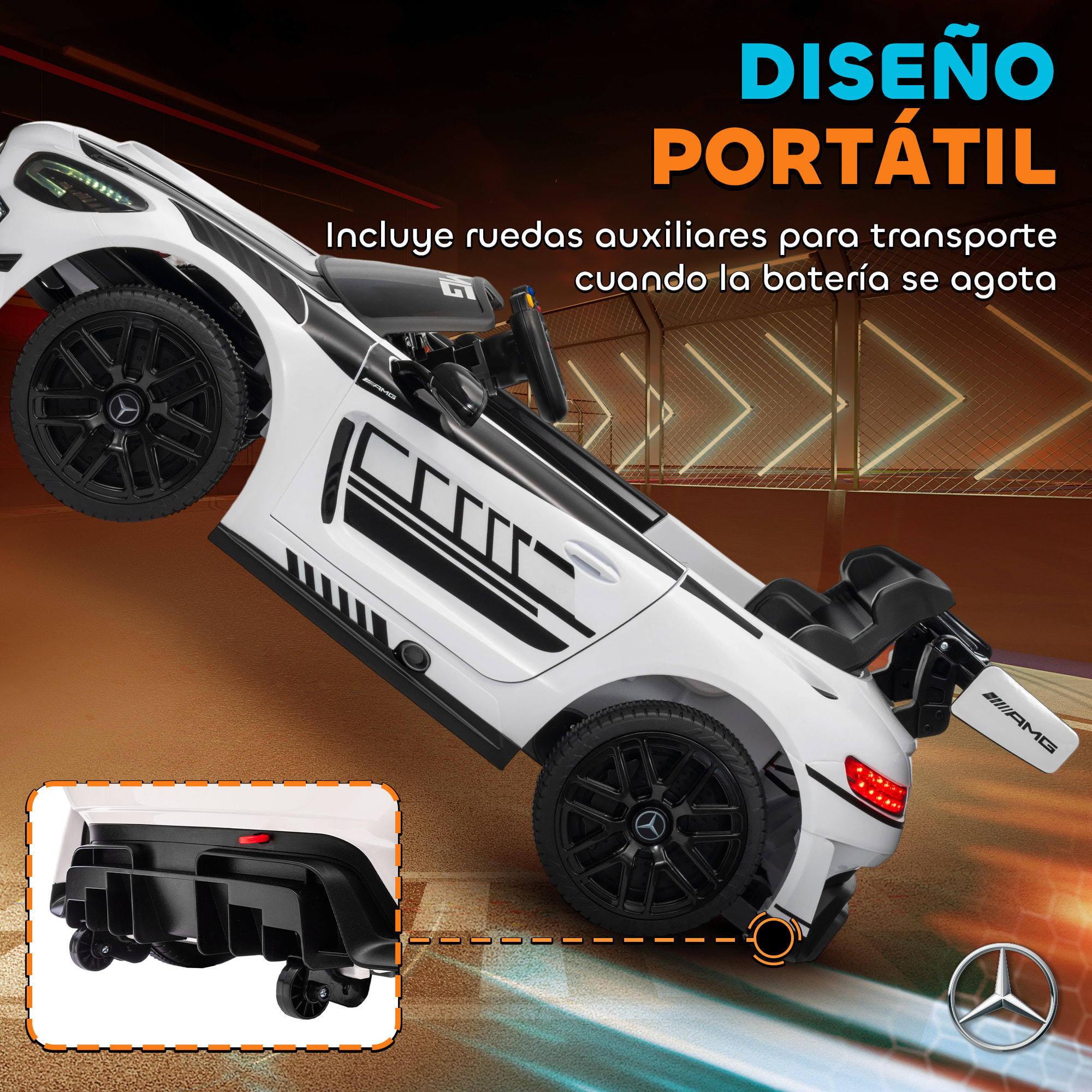 Coche Eléctrico para Niños, Mercedes-AMG GT3 Evo, Coche de Batería 12V, con Mando a Distancia 2,4 G, Motor Doble, Ruedas Auxiliares, Asa de Arrastre, Música Inalámbrica, Faros, Blanco