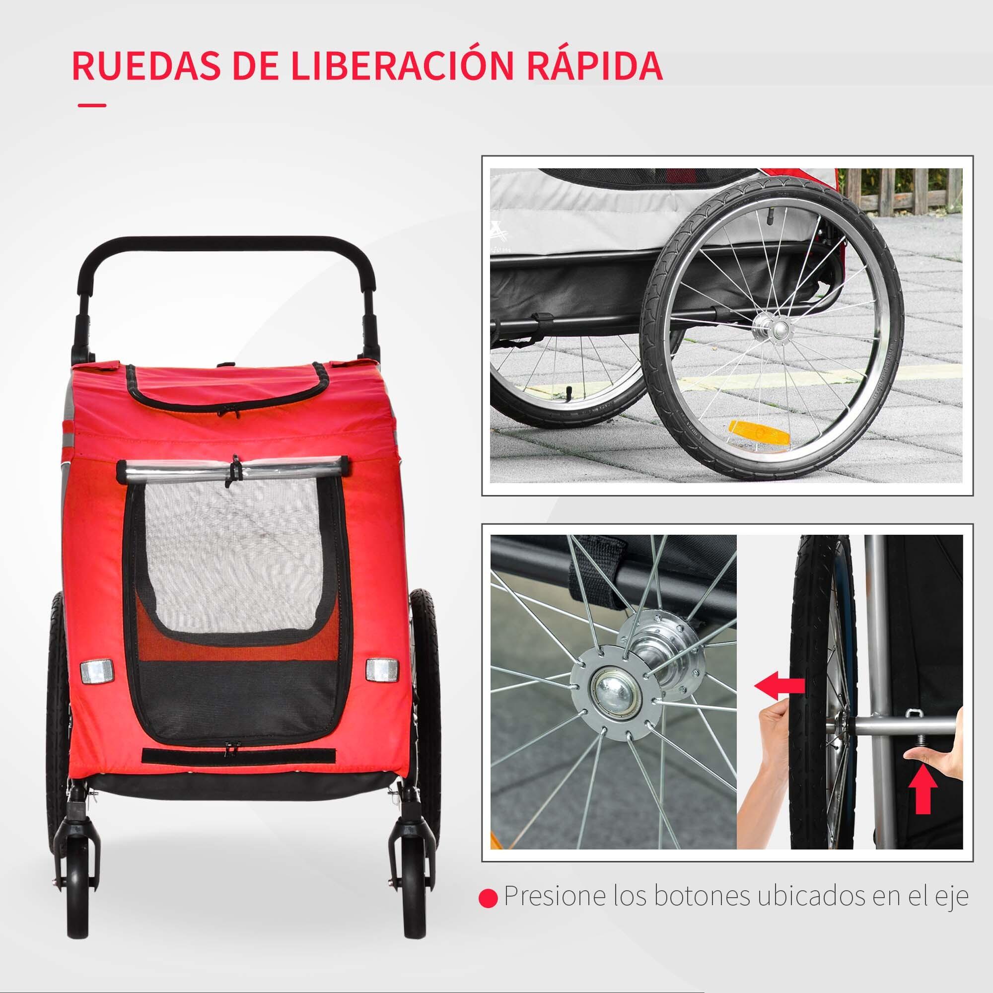 PawHut Remolque de Bicicleta Perros 2 en 1 Carrito Transporte para Mascotas con Puertas Enrollables Ventanas Cinturón de Seguridad Bandera y 6 Reflectores 140x72,5x108 cm Rojo