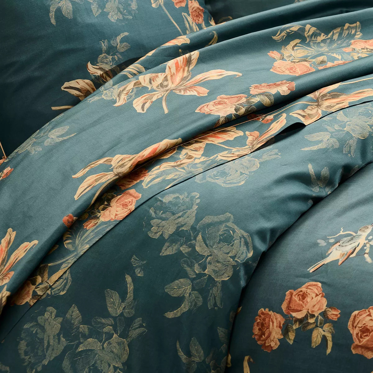 Drap plat satin de coton 115 g/m² imprimé vert orange Roses d'automne vert anglais