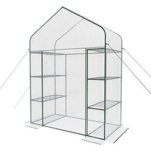 Serra Da Giardino Per Orto Con 8 Ripiani In Metallo Telaio A Casetta Acciaio Telo Trasparente PVC Porta Avvolgibile Apertura Cerniera 143x74x195 Cm