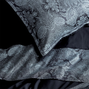 Taie d'oreiller satin de coton motif jacquard bleu Isaphire diamant noir