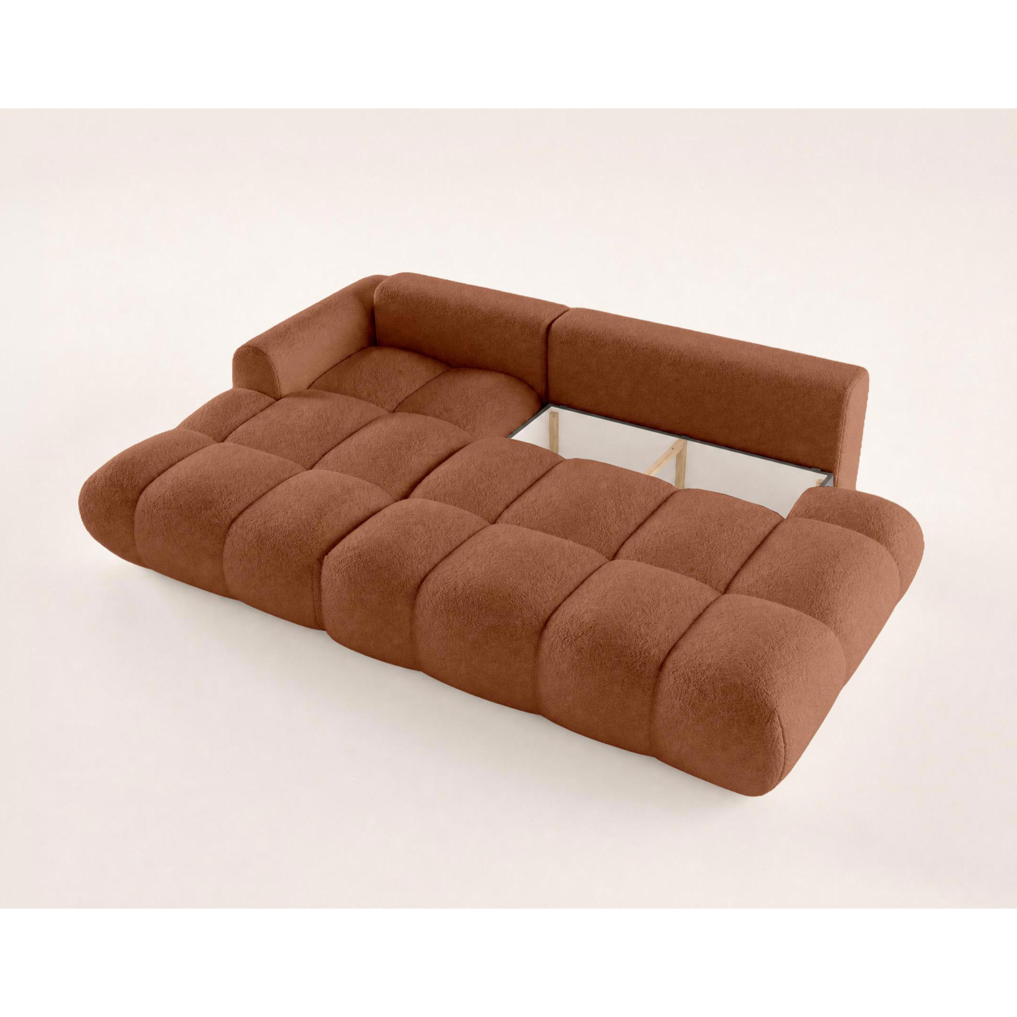 Yulin - Canapé d'angle ouvert gauche 4 places convertible avec coffre en tissu bouclette - Rouille