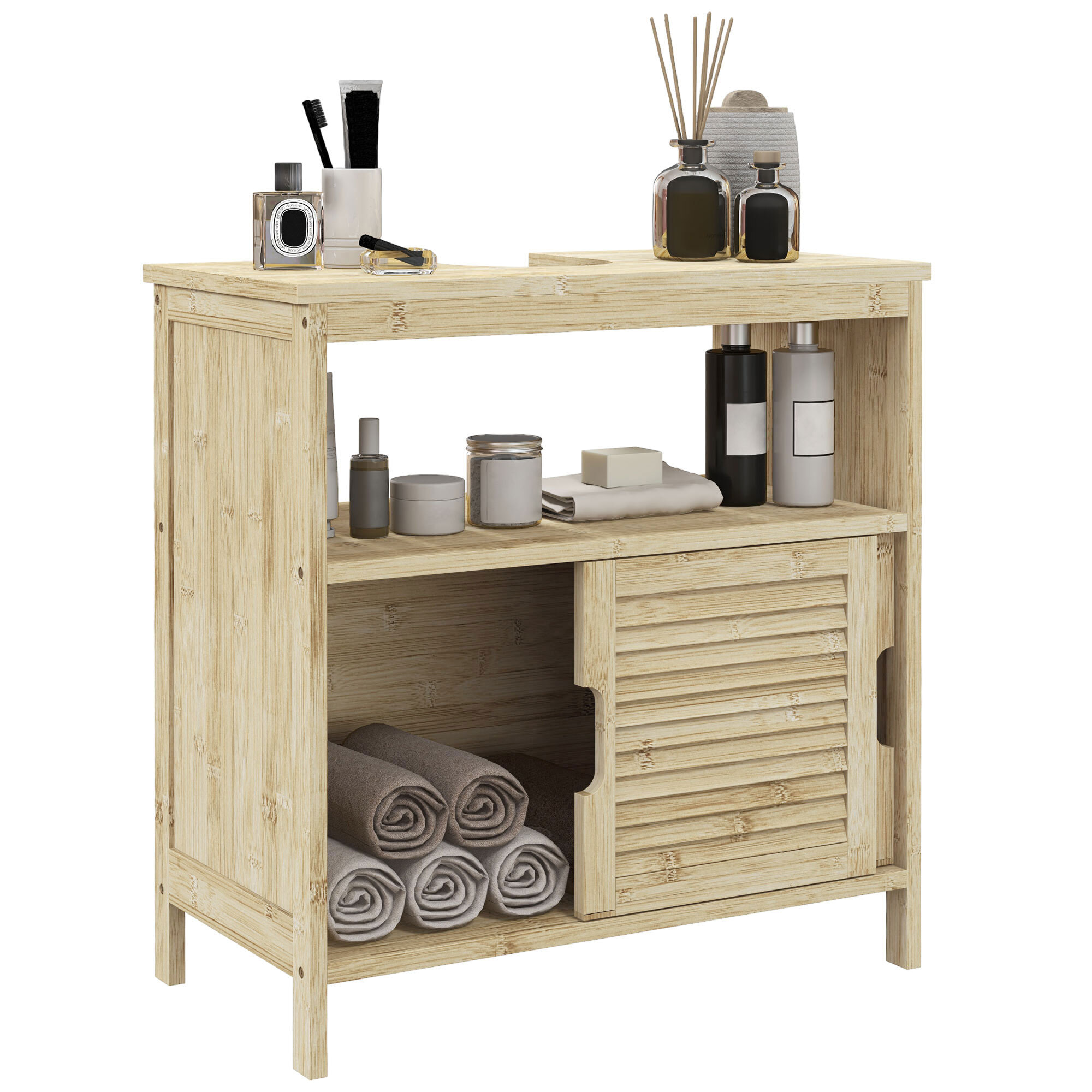 Mueble Bajo Lavabo de Bambú, Armario Debajo de Lavabo con Puertas Correderas de Lamas, Compartimento Abierto, Estilo Moderno, 60x30x60 cm, Natural