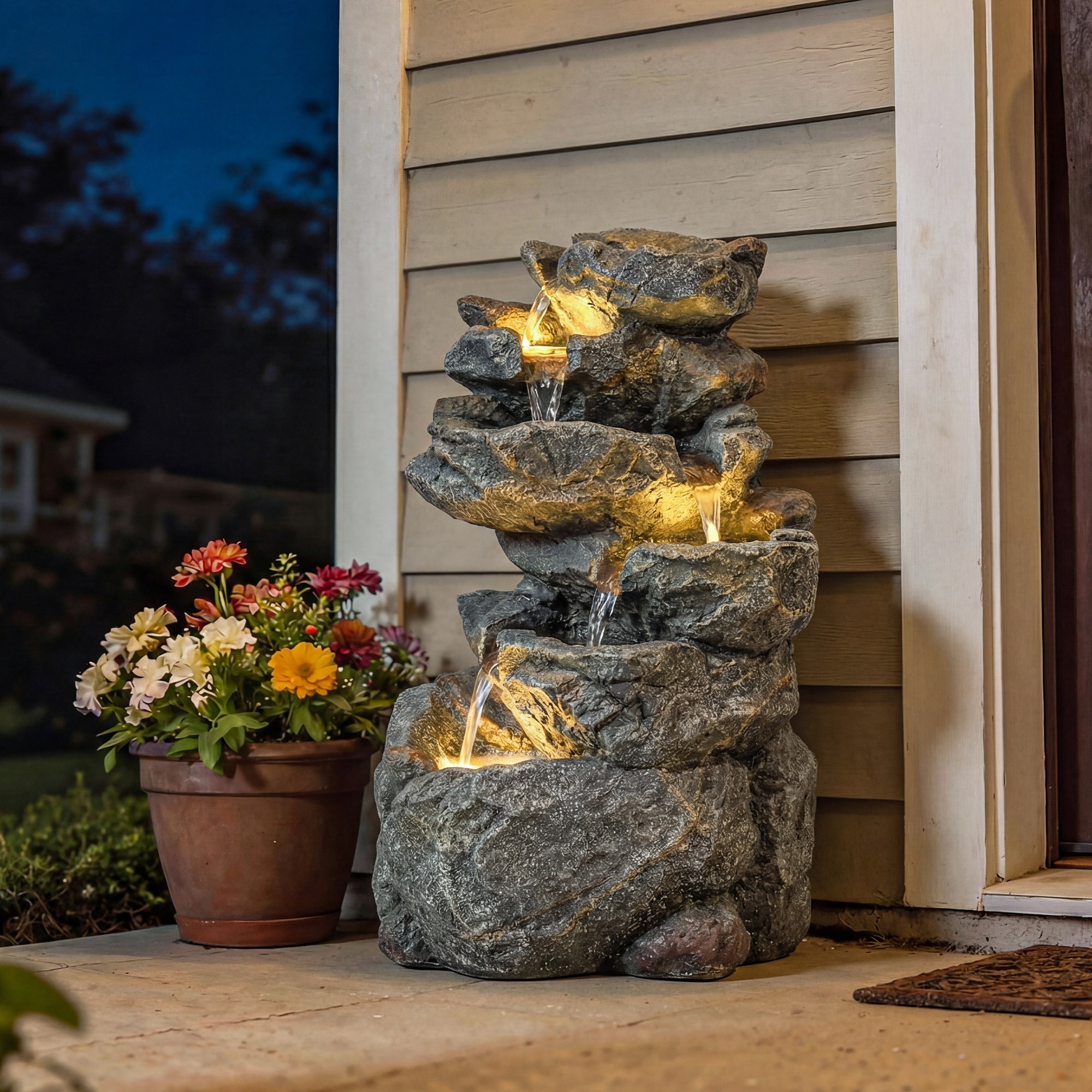 Fontaine de jardin cascade LED 6 niv. effet pierre pompe à eau réglable incluse