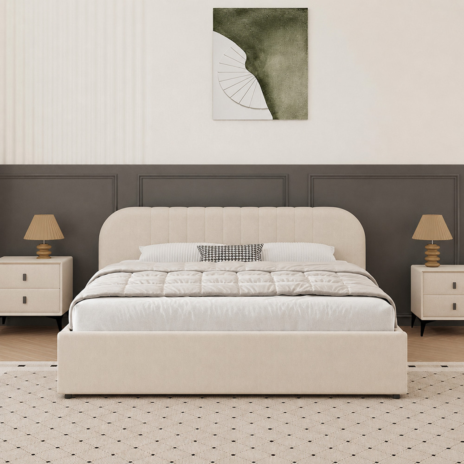 Lit avec coffre de rangement 160x200cm en velours beige MASON