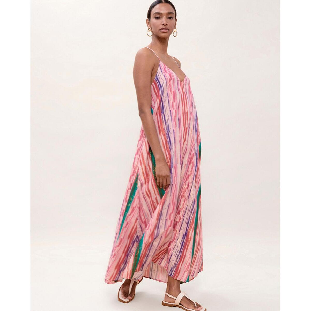 Abito lungo con spalline e strisce in lurex multicolore